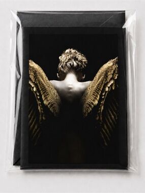 Gold Dark Angel Wings Luxury Art Greeting Card Set of 10, Blank Inside, Envelope